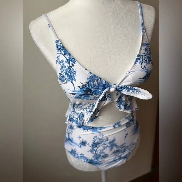 Lands’ End Blue White Toile Cutout One Piece Swimsuit Tie Front XS 2-4 - Picture 3 of 10